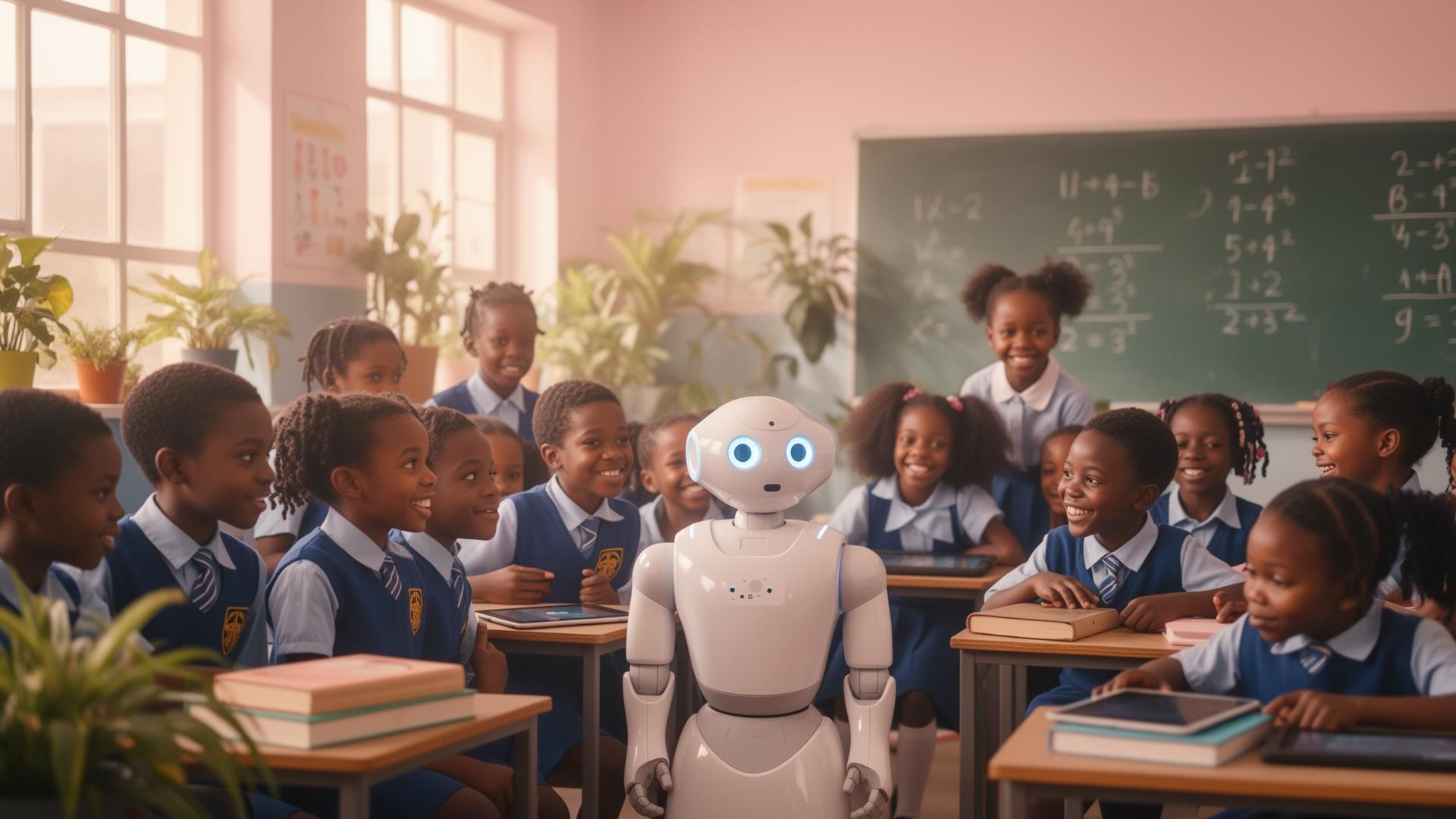 Diverse African students learning with the KenBot AI educational robot in a Nairobi classroom