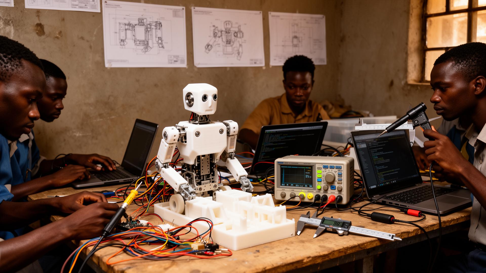 Kenyan engineers prototyping the KenBot educational robot in a Nairobi robotics workshop